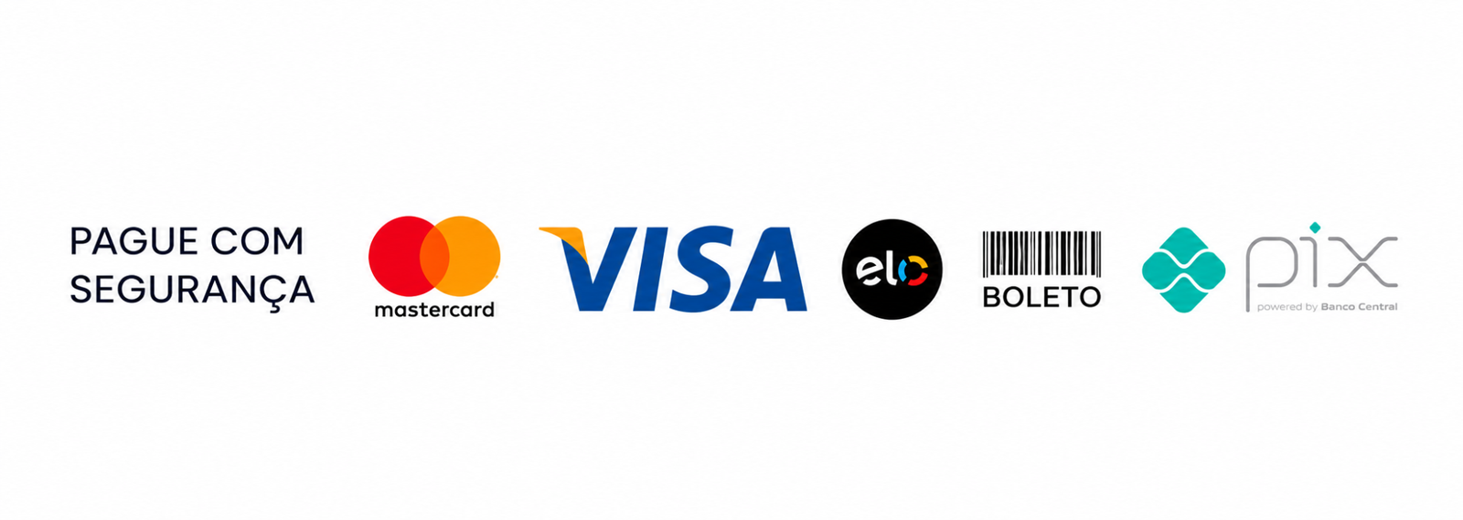Formas de pagamento: Mastercard, Visa, Elo, Boleto e Pix